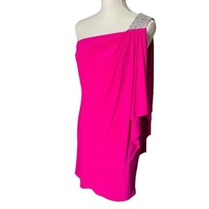 Cache One Shoulder‎ Ruched Draped Beaded Embellished Hot Pink Mini Dress